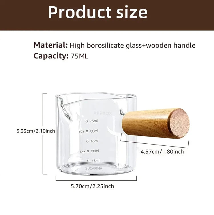 75ML Glass Coffee Measuring Cup with Wooden Handle — Espresso, Milk & Latte Transparent Cup with Scale, Kitchen Coffee Barista Tool