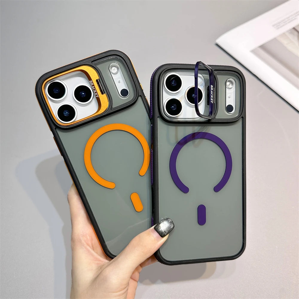 Luxury Matte Transparent MagSafe Kickstand Case — Magnetic Stand Cover for iPhone 11–17 Air, Plus, Pro Max