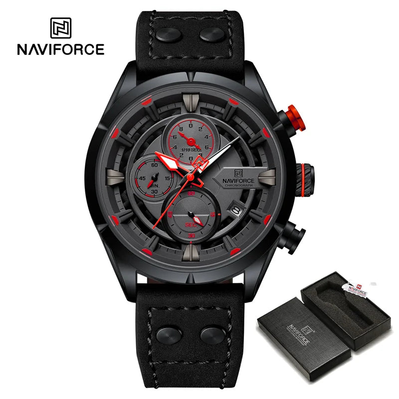 NAVIFORCE Men's Casual Watch – Luxury Waterproof Chronograph Quartz Wristwatch with Genuine Leather Strap