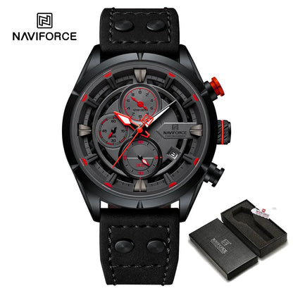 NAVIFORCE Men's Casual Watch – Luxury Waterproof Chronograph Quartz Wristwatch with Genuine Leather Strap