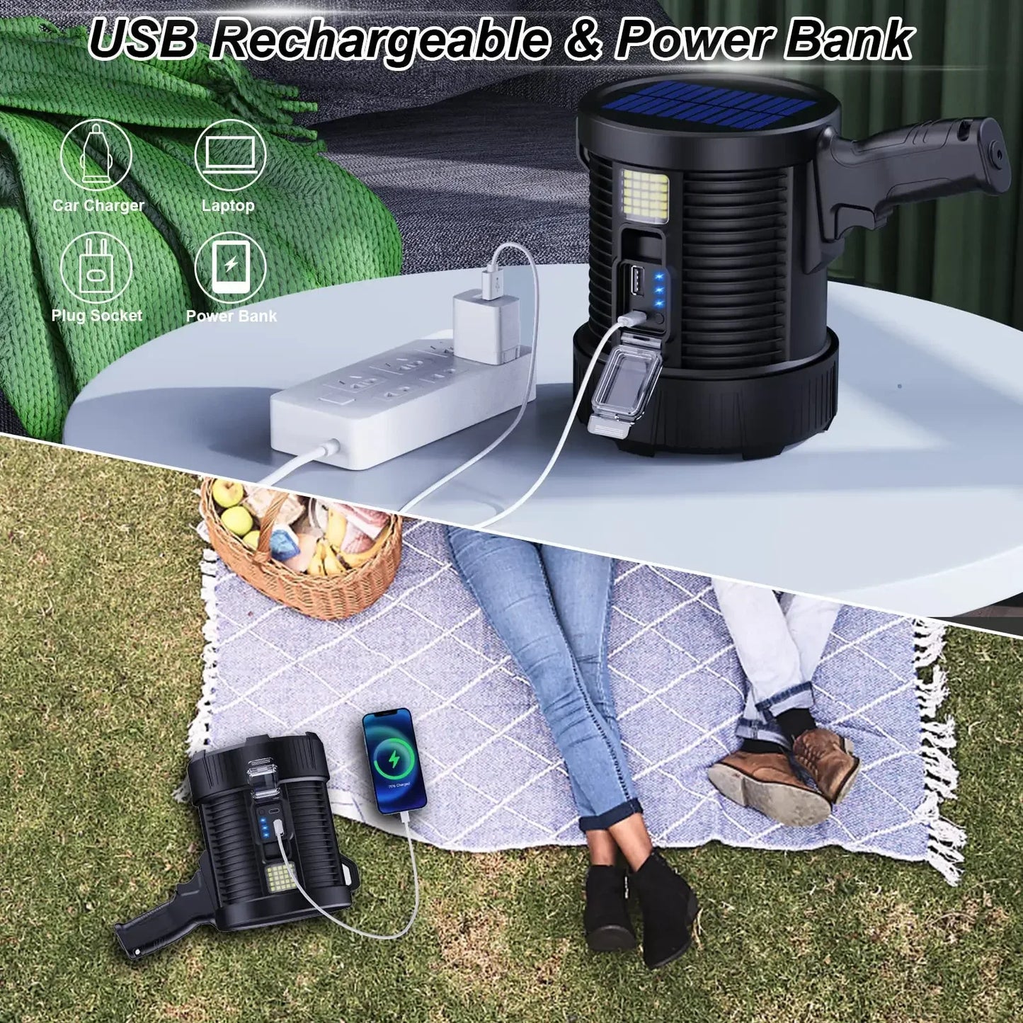 Rechargeable 900,000 Lumens LED Spotlight – Super Bright Handheld Outdoor Flashlight & Solar Searchlight