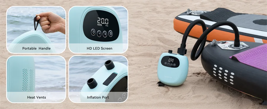SUP Inflatable Pump — Rechargeable 20PSI Pump for PVC Kayaks, Kite Wings & Stand Up Paddle Boards