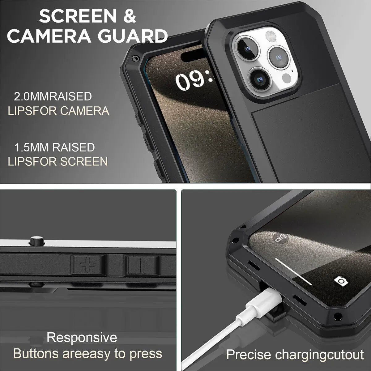 Heavy Duty Aluminum Metal Case for iPhone 16/15/14/13/12/11 Pro Max – Shockproof Gorilla Glass Cover for iPhone XS Max/XR/7/8