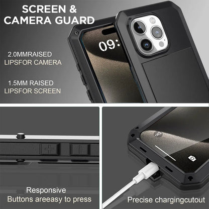 Heavy Duty Aluminum Metal Case for iPhone 16/15/14/13/12/11 Pro Max – Shockproof Gorilla Glass Cover for iPhone XS Max/XR/7/8