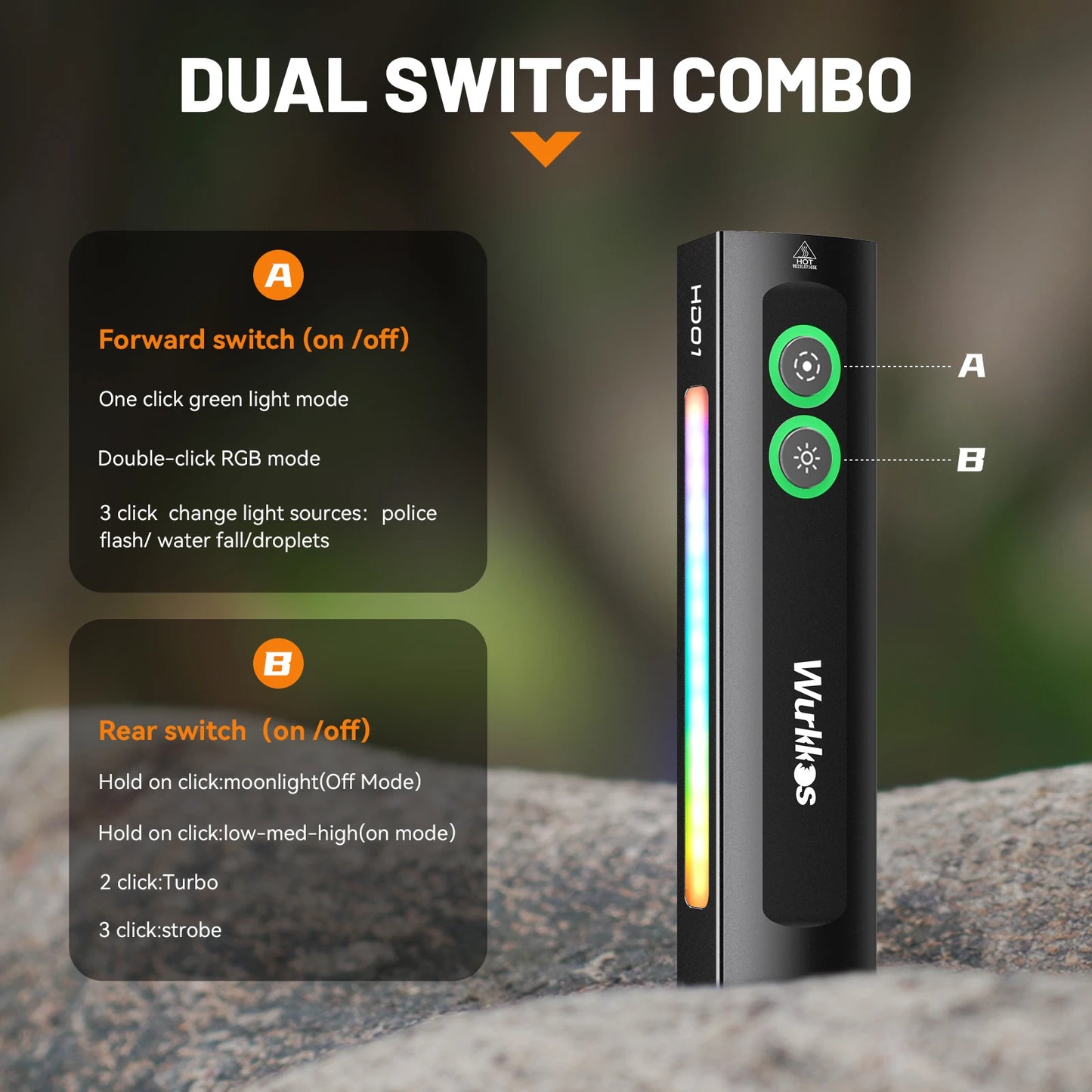 Wurkkos HD01 Multi-Function Rechargeable Flashlight – 1200LM Flat Torch with Green, White, RGB Side Light, IP65 Waterproof