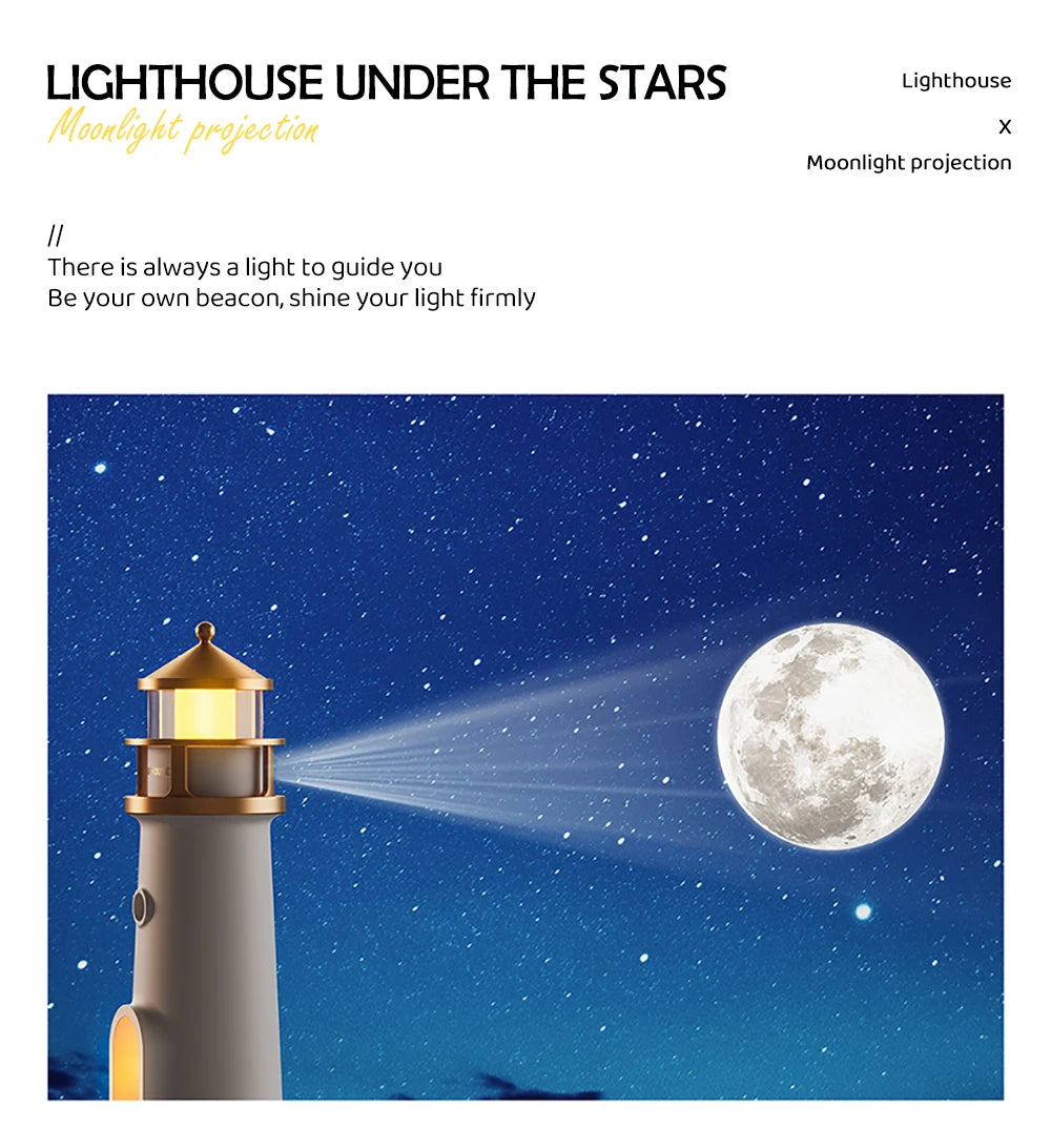 Moon Projection Lighthouse Night Light – Dimmable, Motion Sensor, Bluetooth Music, Timing Ambient Lamp for Christmas & Birthday Gift