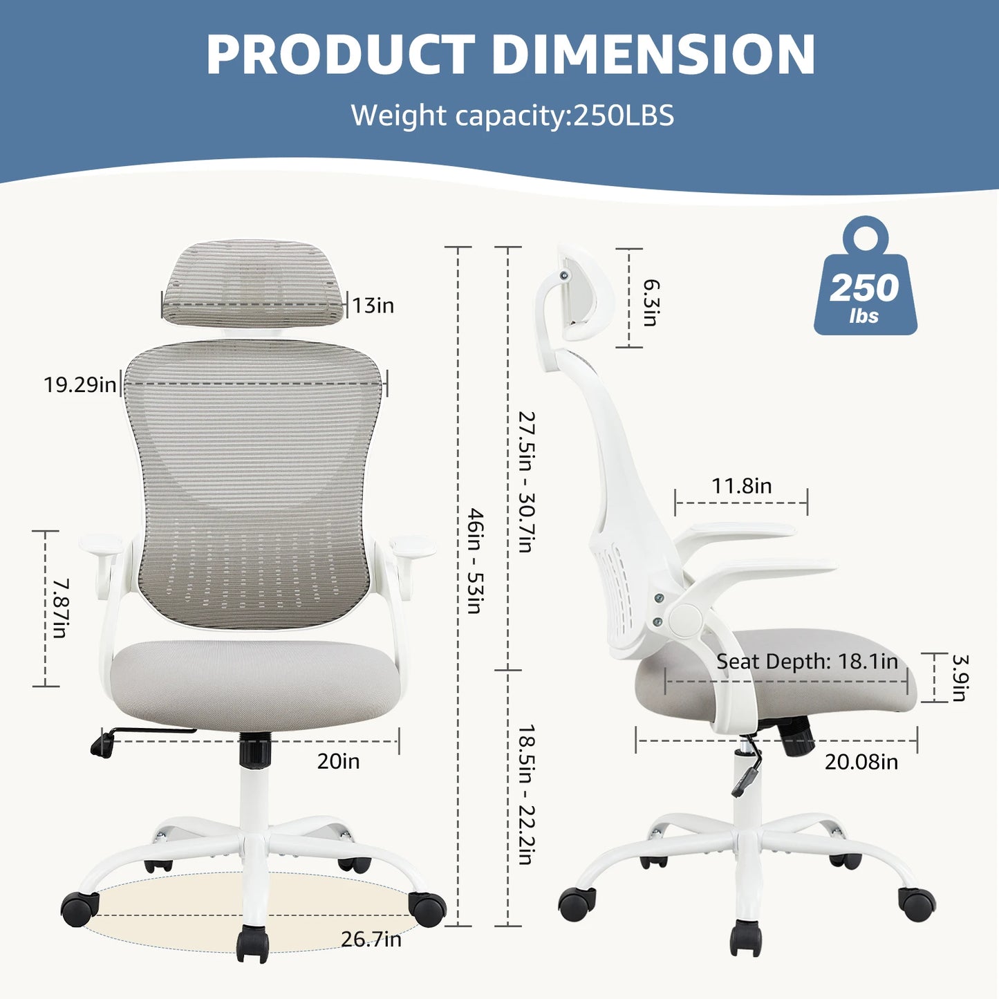 JHK Mesh Ergonomic Office Chair – Adjustable Headrest, Flip-Up Arms, Comfortable Lumbar Support for Home & Office