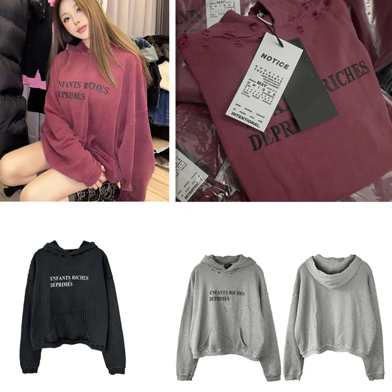 2025SS Ripped E.R.D. Hoodie – Men & Women Slogan Print Short Wide Sweatshirt