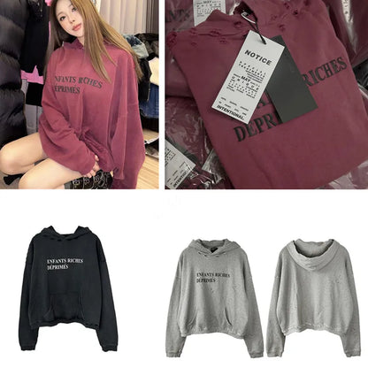 2025SS Ripped E.R.D. Hoodie – Men & Women Slogan Print Short Wide Sweatshirt