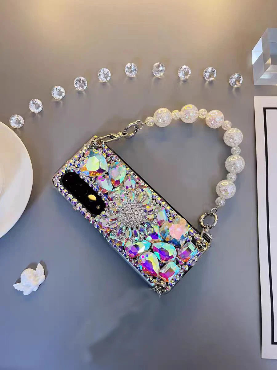 Luxury Crystal Diamond Phone Case for Samsung Galaxy Z Fold 6/5/4/3 – Pearl Wrist Strap & Stand Holder Cover
