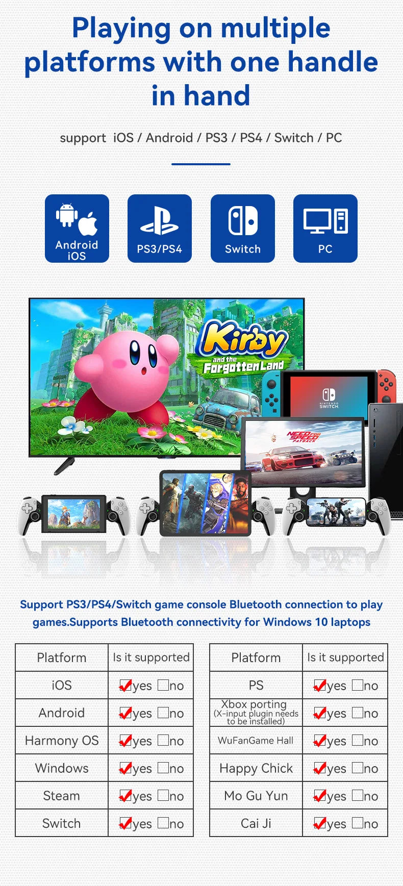 BSP-D9 Wireless Bluetooth Mobile Game Controller – Stretch Design for PC, Tablet, Switch, PS3/PS4, Dual Hall Somatosensory Controller