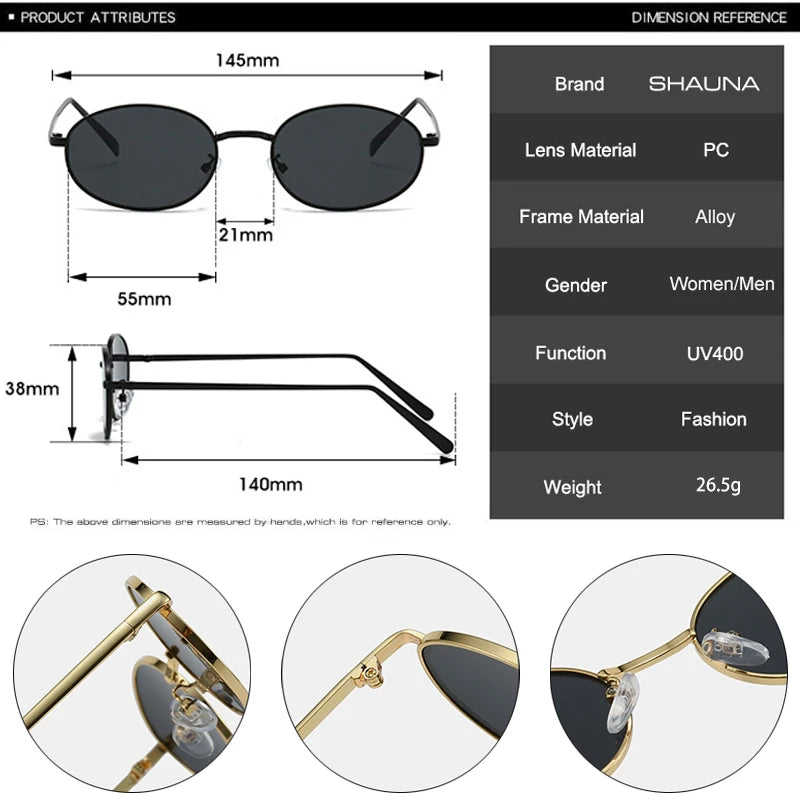 SHAUNA Retro Oval Metal Frame Sunglasses – UV400 Punk Style Shades for Women & Men