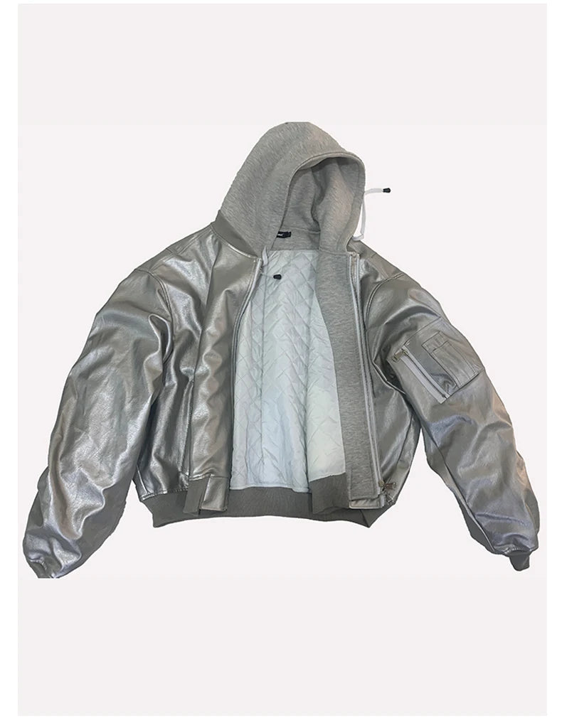 Mauroicardi Autumn Winter Oversized PU Leather Bomber Jacket for Men - Thickened Warm Hooded Luxury Designer Coat