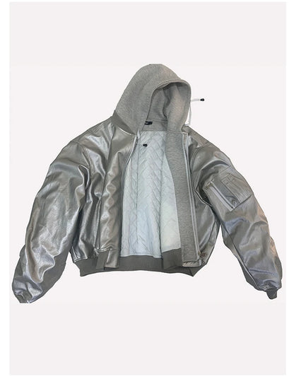 Mauroicardi Autumn Winter Oversized PU Leather Bomber Jacket for Men - Thickened Warm Hooded Luxury Designer Coat