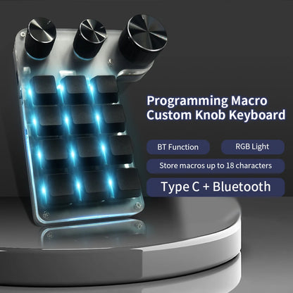 Bluetooth 12-Key RGB Macro Keyboard — 3 Knob Mechanical Hotswap Keypad for Photoshop & Gaming