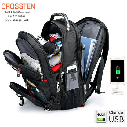 Swiss-Multifunctional 17 Inch Laptop Backpack | Durable 45L Travel Bag | College Bookbag with USB Charging Port