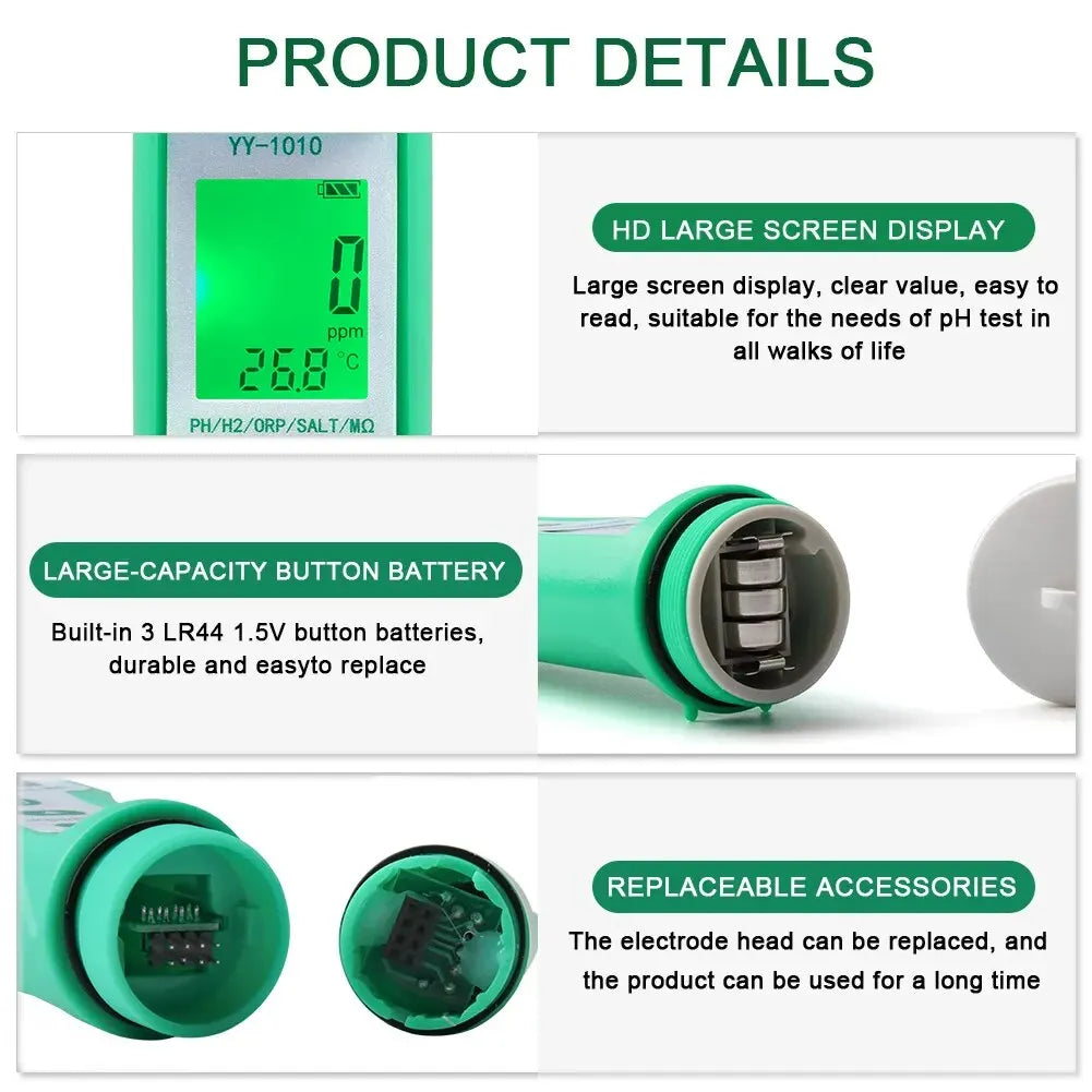 Yieryi TDS, EC, PH, Salinity & ORP Meter - H2, S.G, TEMP Water Quality Monitor for Pools & Aquariums