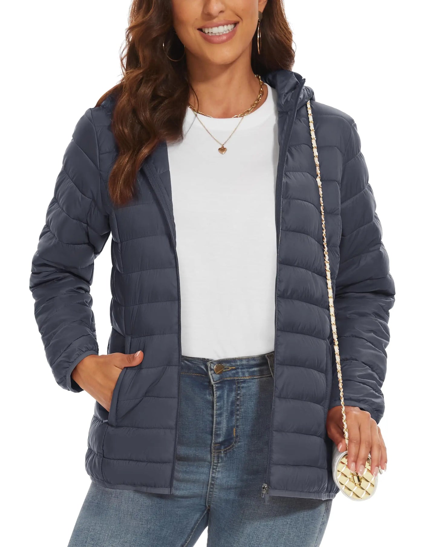 TACVASEN Women's Hooded Puffer Jacket – Full Zip Quilted Winter Coat, Lightweight Windbreaker Outerwear