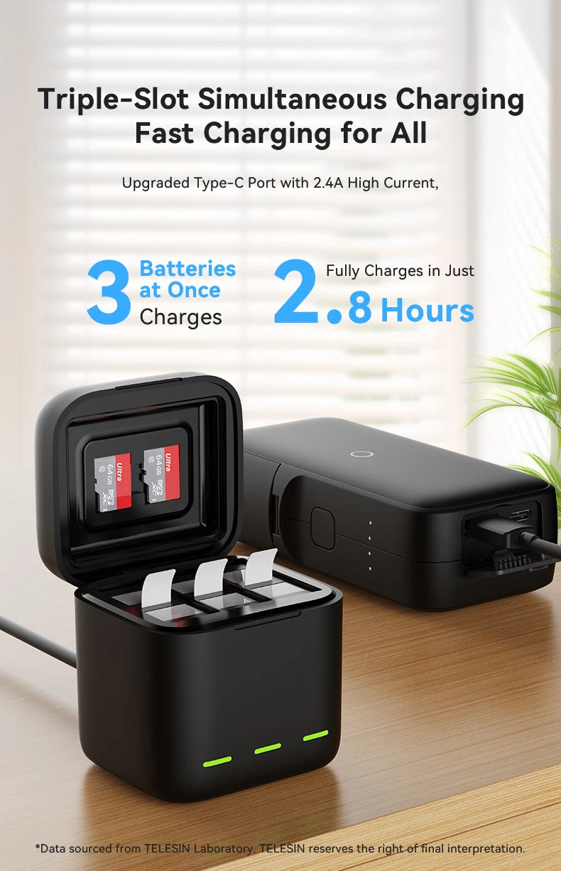 TELESIN 3-Slot Fast Battery Charger for GoPro Hero 13 – Portable Charging Dock for Action Camera Accessories