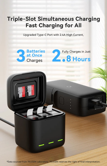 TELESIN 3-Slot Fast Battery Charger for GoPro Hero 13 – Portable Charging Dock for Action Camera Accessories