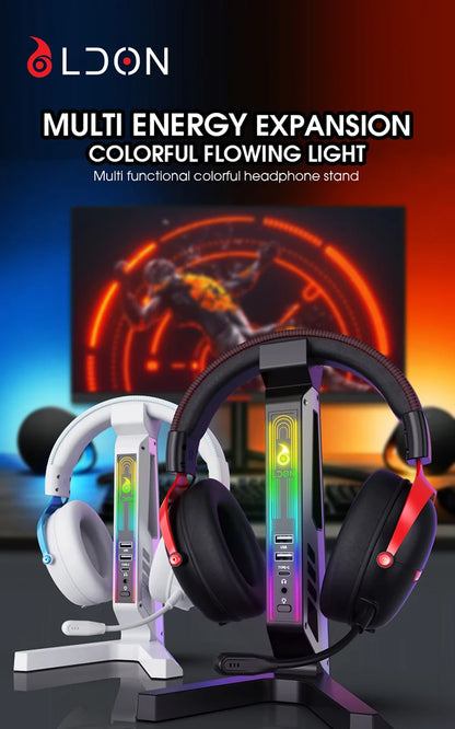 RGB Gaming Headset Stand – LED USB Charging Dock with Sound-Activated Lights & 11 Modes