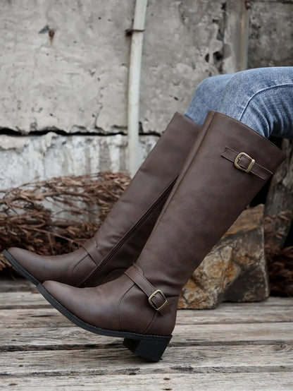 Women’s Winter High-Top Knight Boots – Side Zipper & Belt Buckle, Pointed Toe, PU Material with Cotton Lining