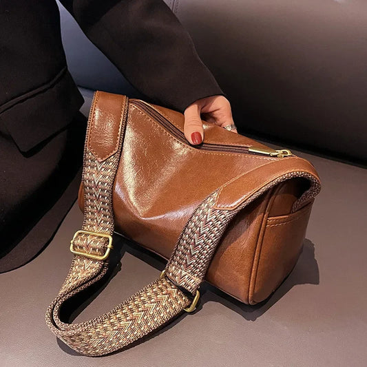 Vintage PU Leather Boston Handbag – Small Women’s Crossbody Purse for Casual Travel & Fashion