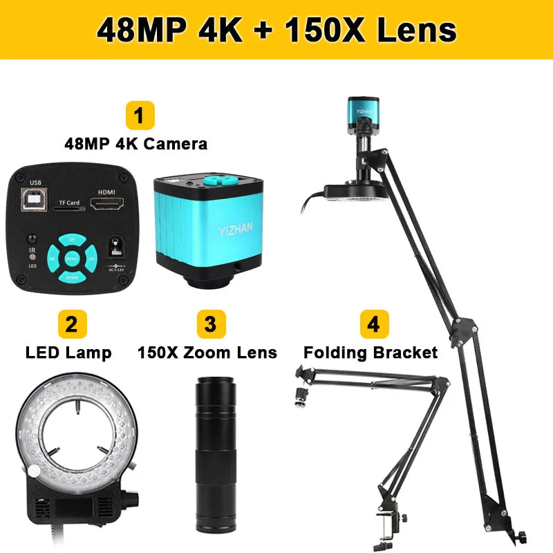 1-150X Zoom Lens Digital Microscope – 4K 48MP HD Industrial Camera with HDMI & Type C for Electronics Soldering
