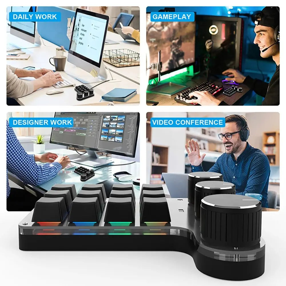 Bluetooth 12-Key RGB Macro Keyboard — 3 Knob Mechanical Hotswap Keypad for Photoshop & Gaming