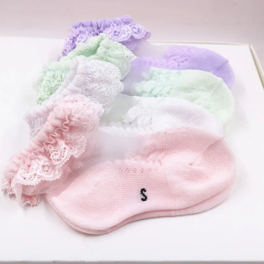 Summer Girls’ Mesh Cotton Socks with Ruffle Lace, Flower Princess Anti-Slip White Socks for Kids