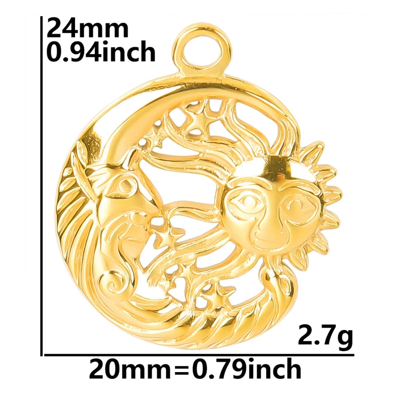 6pcs Real Gold-Plated Sun Charms - Stainless Steel Jewelry Making Pendants, Heart, Moon & Sunshine Design
