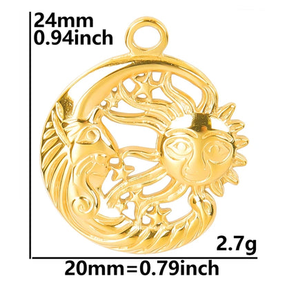 6pcs Real Gold-Plated Sun Charms - Stainless Steel Jewelry Making Pendants, Heart, Moon & Sunshine Design