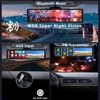 11.26" 4K 2160P Car DVR Dash Cam – CarPlay, Android Auto, GPS, WiFi, Bluetooth, FM, Rear View Mirror Camera & Drive Recorder