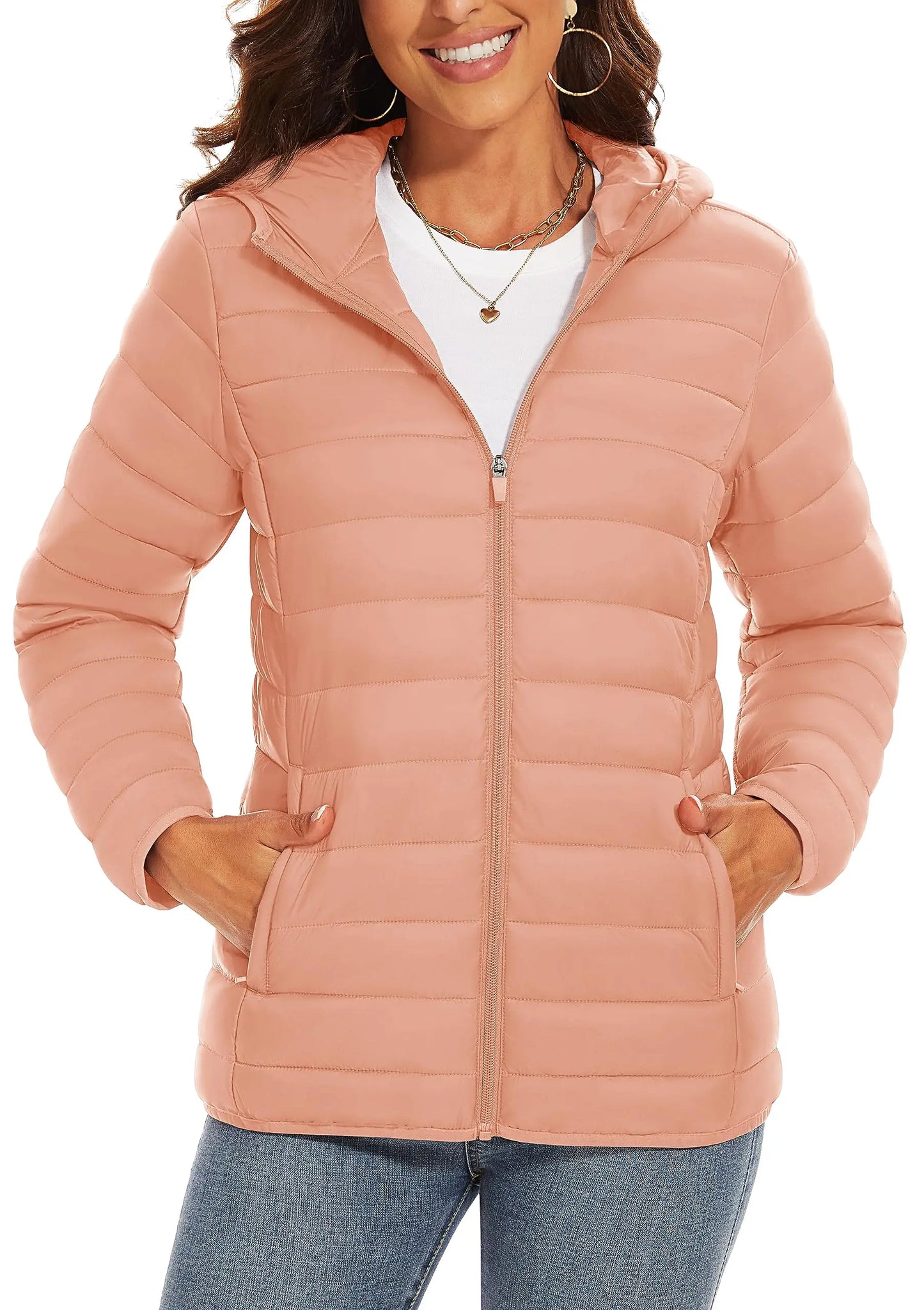 TACVASEN Women's Hooded Puffer Jacket – Full Zip Quilted Winter Coat, Lightweight Windbreaker Outerwear