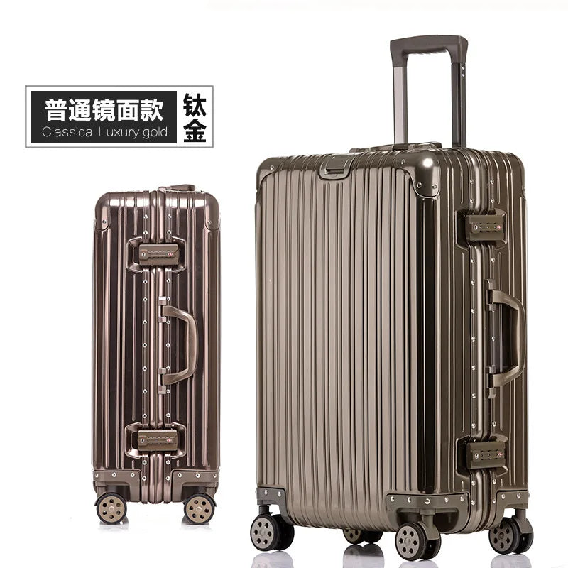 Aluminum Metal Luggage Carry-On Travel Bags - 20/22/28/30 Inch Trolley Suitcase with Cabin Size and Password Lock