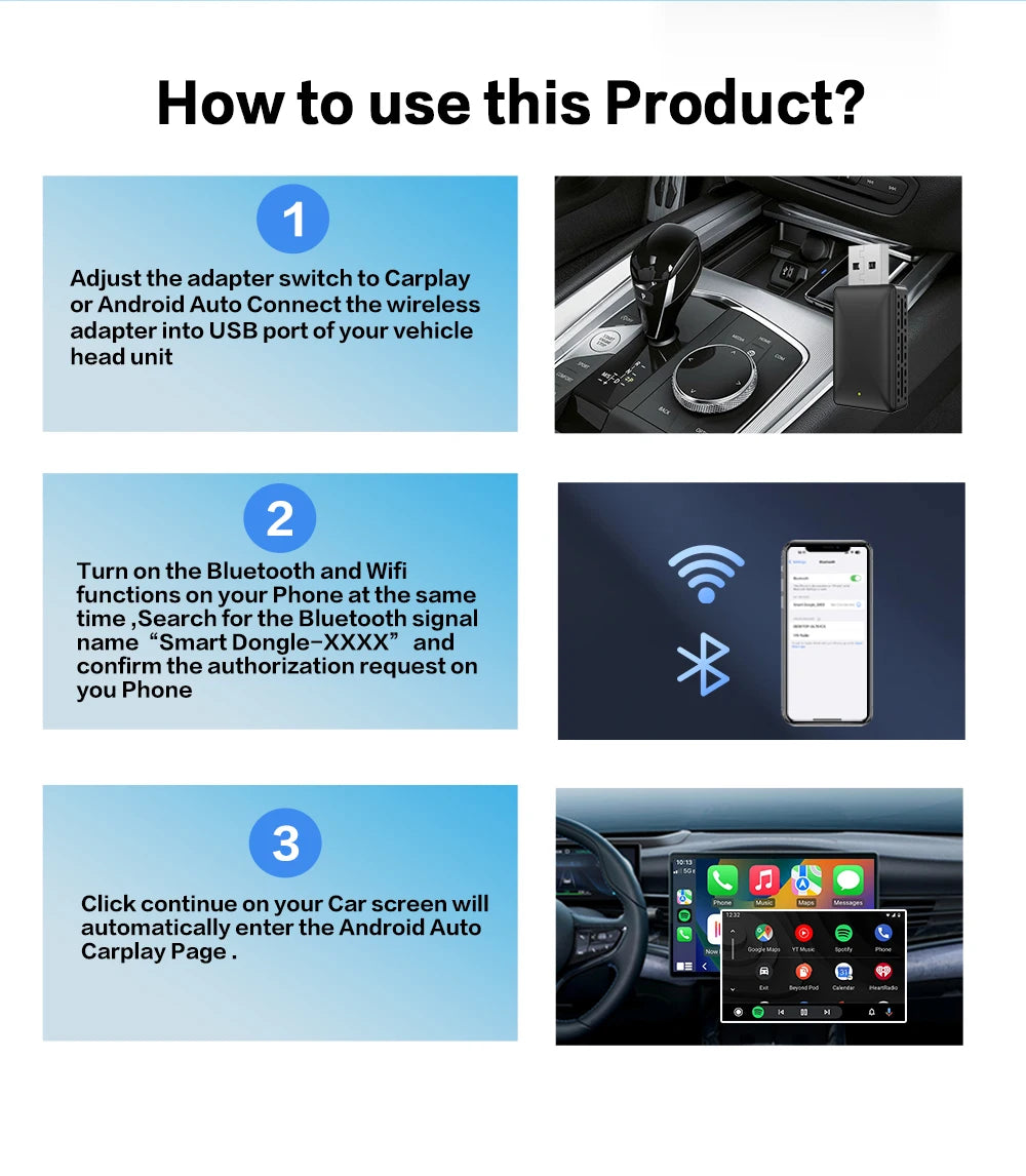 PLAYAIBOX Wireless CarPlay Adapter – 2-in-1 Dongle for Wireless CarPlay & Android Auto for iPhone & Android (Benz, Audi, Kia, Chery, Jeep)