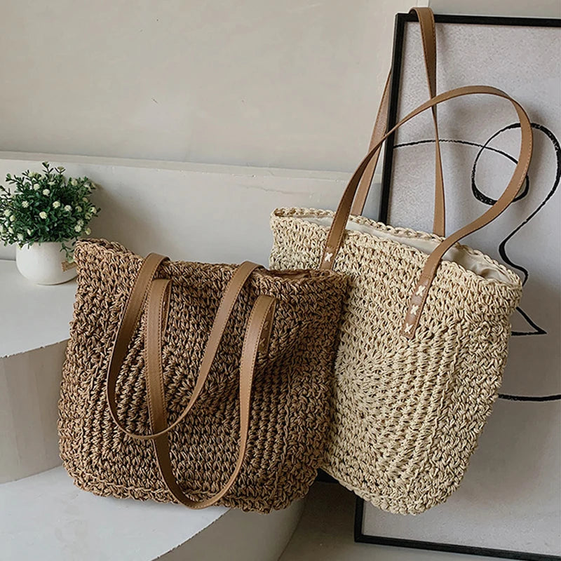 Handmade Woven Straw Beach Bag – Large Capacity Women’s Raffia Shoulder Tote for Summer Travel