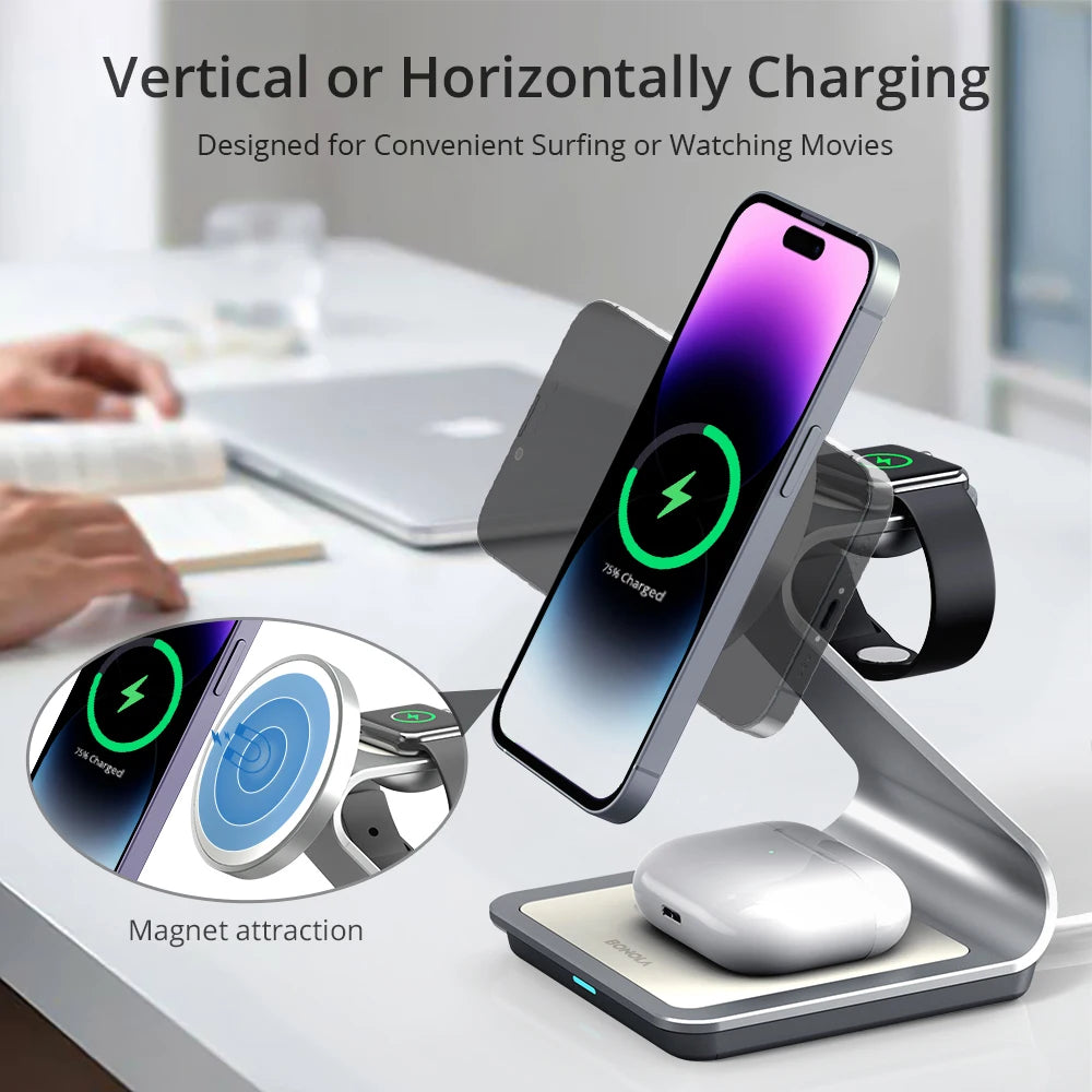 Bonola Magnetic 3-in-1 Wireless Charger - 30W Charging Station for iPhone 15/14/13/12 Pro Max, Apple Watch, AirPods Pro