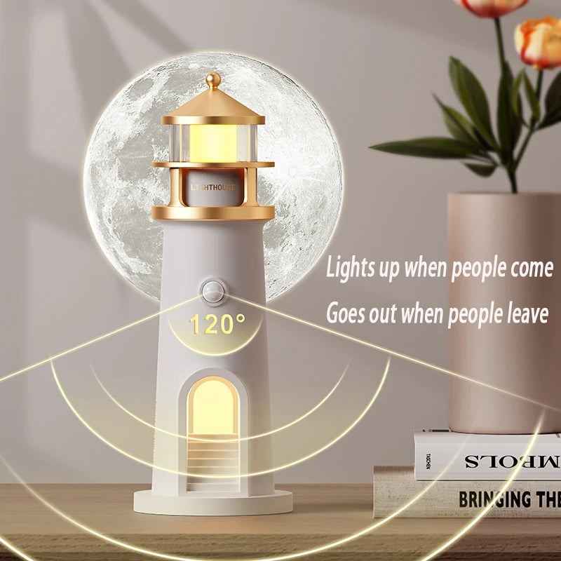 Moon Lamp Projection Night Light – Lighthouse Design with Bluetooth Music, Remote Control & Motion Sensor, Ambient Light for Xmas & Birthday Gift