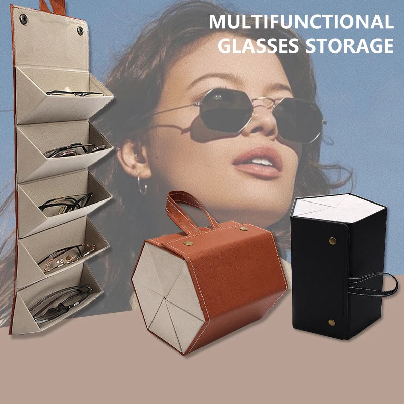 Portable Multi-Slot Eyeglasses Organizer: Travel-Friendly Folding Sunglasses PU Leather Case for Home Storage - 3/5 Grids Display