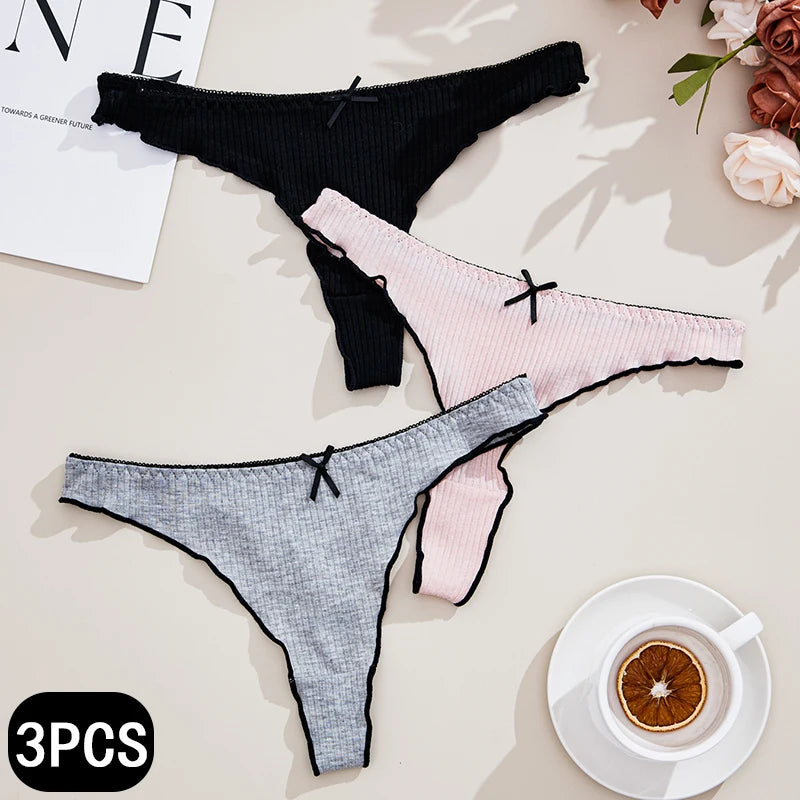 3Pcs Women's Low-Rise Thong Panties - Solid Color Cotton Lingerie for Comfort & Style