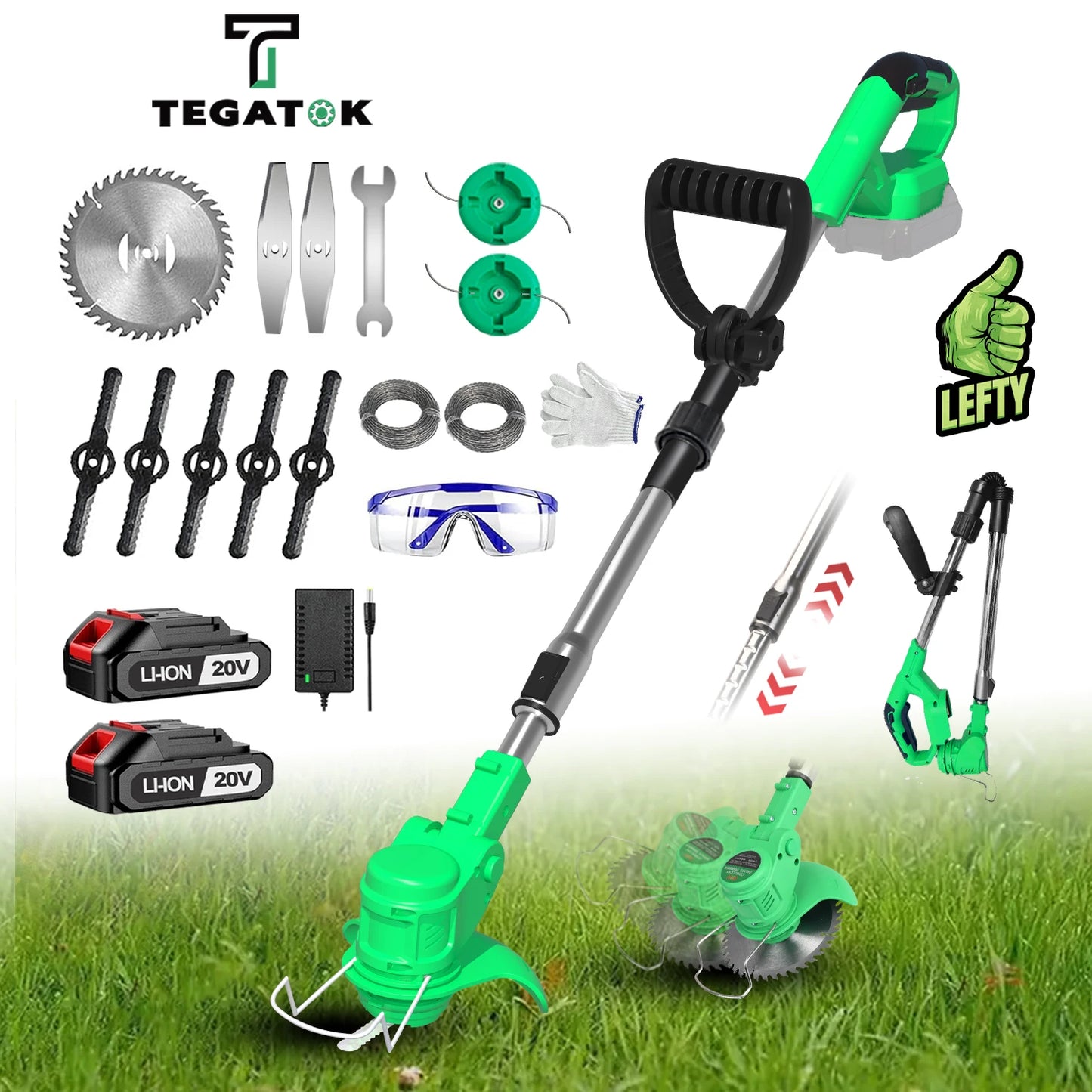 Tegatok 20V Cordless Weed Wacker — 4-in-1 Electric Weed Killer with 2×2.0AH Lithium-Ion Batteries