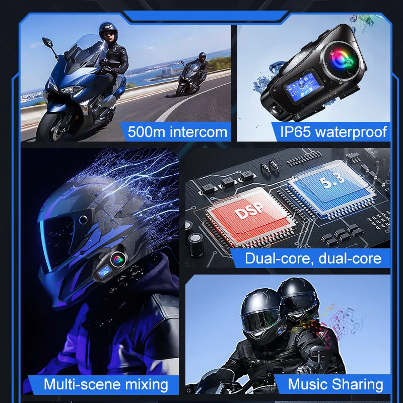 Q58 Max Motorcycle Helmet Bluetooth Intercom – IP65 Waterproof, 500M Range, Multi-Scene Music Sharing