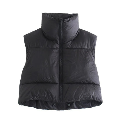 Autumn Winter Women's Short Cotton Down Vest – Warm Quilted Sleeveless Jacket with Stand-Up Collar for Outdoor Travel