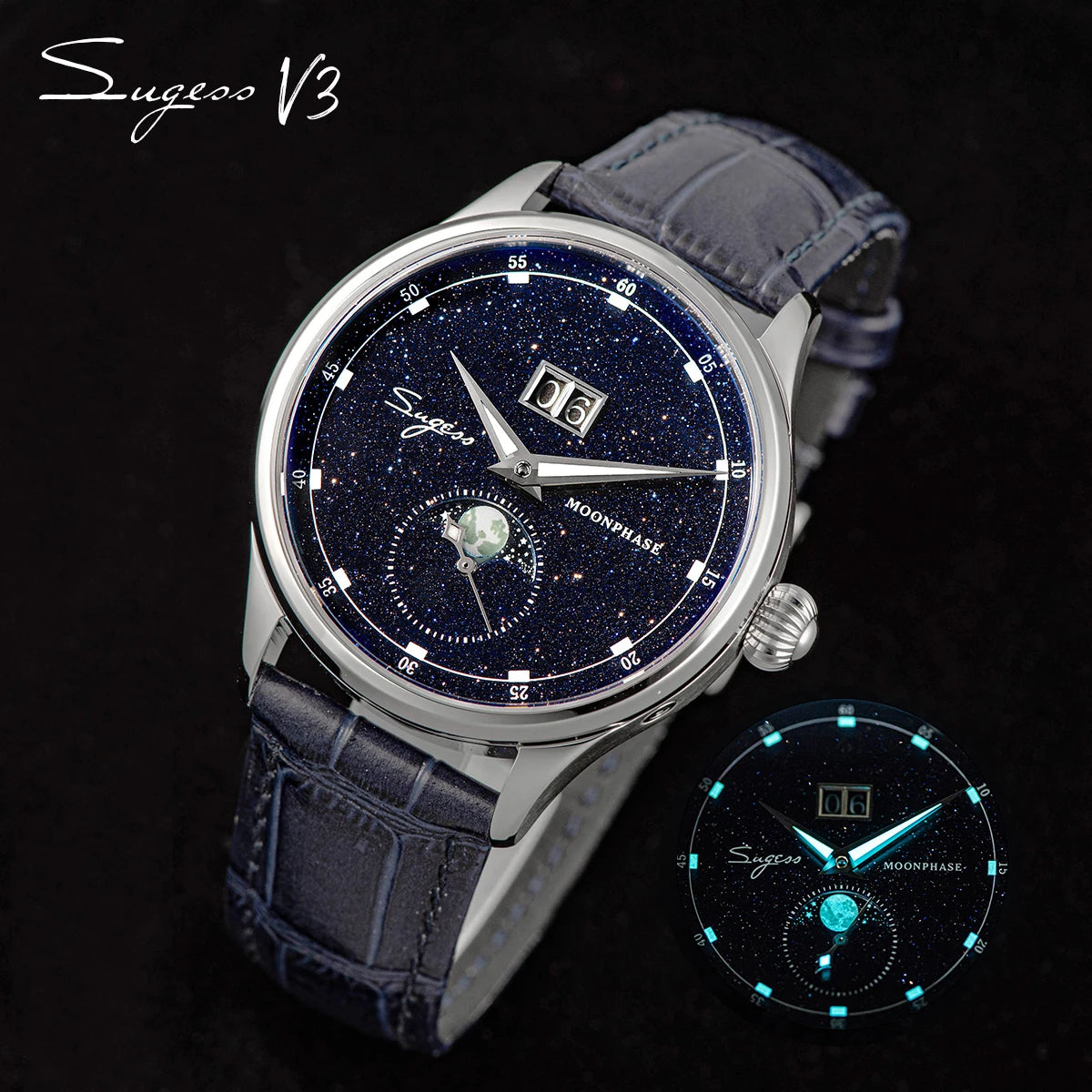 Sugess Origin ST2528 Mechanical Watch – Men's Luxury Moonphase Wristwatch with Real Blue Stone Dial & Stainless Steel Case