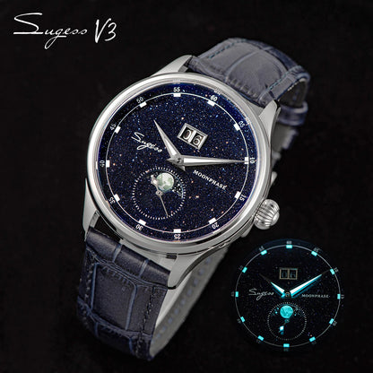 Sugess Origin ST2528 Mechanical Watch – Men's Luxury Moonphase Wristwatch with Real Blue Stone Dial & Stainless Steel Case
