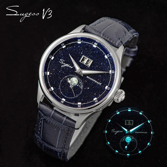 Sugess Origin ST2528 Mechanical Watch – Men's Luxury Moonphase Wristwatch with Real Blue Stone Dial & Stainless Steel Case