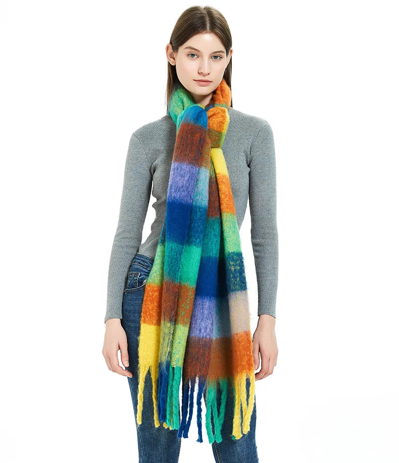 2025 Women's Winter Thick Cashmere Scarf – Warm Pashmina Shawl with Rainbow Tassels & Wraps