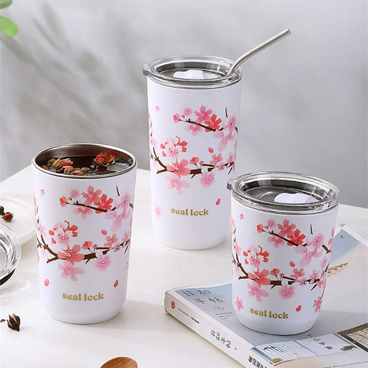 Cherry Blossom Stainless Steel Thermal Travel Mug – Leak-Proof Double Wall Coffee Cup with Lid