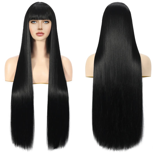 Long Straight Black Wig with Bangs - Synthetic, Heat-Resistant Hair for Women - Lolita Red Pelucas for Daily Wear and Cosplay